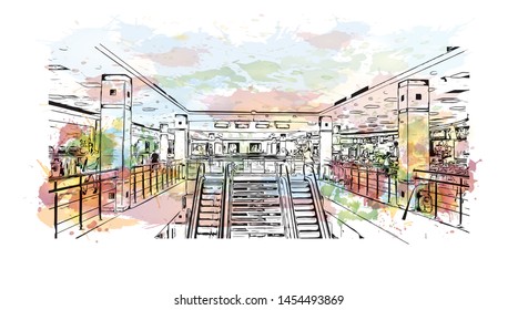 Building view with landmark of Cairo to Khartoum. Watercolor splash with Hand drawn sketch illustration in vector.