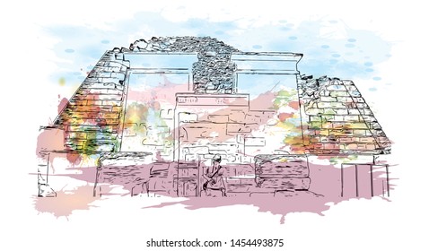 Building view with landmark of Cairo to Khartoum. Watercolor splash with Hand drawn sketch illustration in vector.