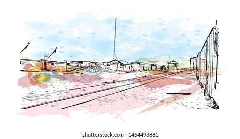 Building view with landmark of Cairo to Khartoum. Watercolor splash with Hand drawn sketch illustration in vector.