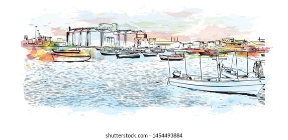 Building view with landmark of Cairo to Khartoum. Watercolor splash with Hand drawn sketch illustration in vector.