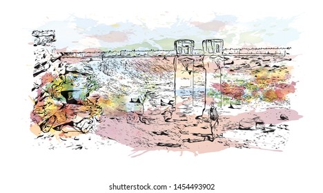 Building view with landmark of Cairo to Khartoum. Watercolor splash with Hand drawn sketch illustration in vector.