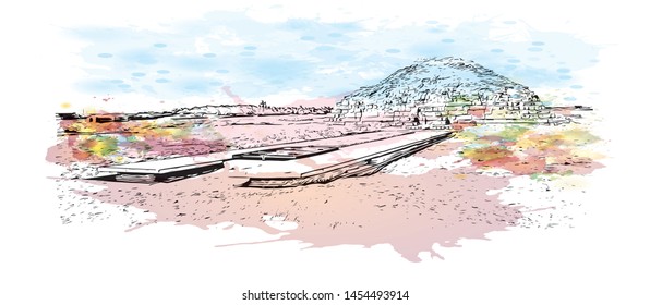 Building view with landmark of Cairo to Khartoum. Watercolor splash with Hand drawn sketch illustration in vector.