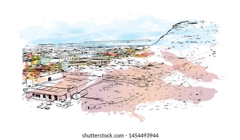 Building view with landmark of Cairo to Khartoum. Watercolor splash with Hand drawn sketch illustration in vector.