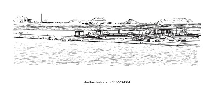 Building view with landmark of Cairo to Khartoum. Hand drawn sketch illustration in vector.