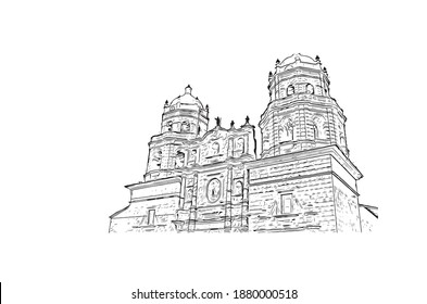 Building view with landmark of Cajamarca is the
city in Peru. Hand drawn sketch illustration in vector.