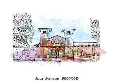 Building view with landmark of Cajamarca is the
city in Peru. Watercolour splash with hand drawn sketch illustration in vector.