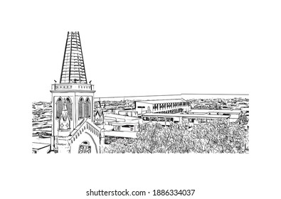 Building view with landmark of Calama is the
city in Chile. Hand drawn sketch illustration in vector.