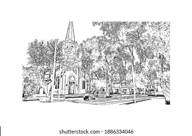 Building view with landmark of Calama is the
city in Chile. Hand drawn sketch illustration in vector.