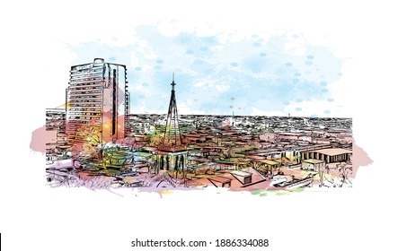 Building view with landmark of Calama is the
city in Chile. Watercolour splash with hand drawn sketch illustration in vector.