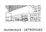 Building view with landmark of Calgary is the
city in Canada. Hand drawn sketch illustration in vector.