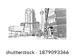 Building view with landmark of Calgary is the
city in Canada. Hand drawn sketch illustration in vector.
