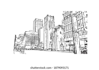 Building View With Landmark Of Calgary Is The
City In Canada. Hand Drawn Sketch Illustration In Vector.