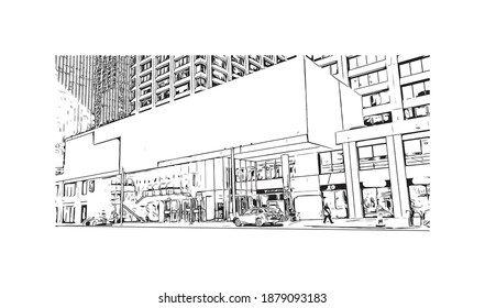 Der Blick auf das Gebäude mit Wahrzeichen von Calgary ist der
Stadt in Kanada. Handgezeichnete Skizzengrafik in Vektorgrafik.