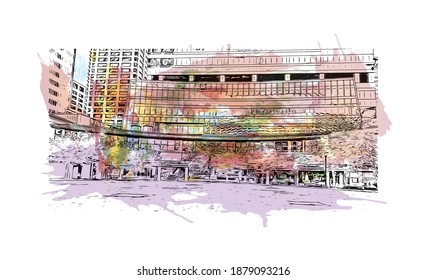 Building view with landmark of Calgary is the
city in Canada. Watercolour splash with hand drawn sketch illustration in vector.