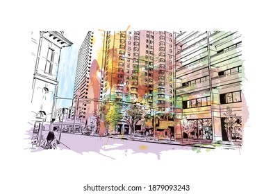 Building view with landmark of Calgary is the
city in Canada. Watercolour splash with hand drawn sketch illustration in vector.