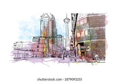 Der Blick auf das Gebäude mit Wahrzeichen von Calgary ist der
Stadt in Kanada. Aquarellspritzer mit handgezeichneter Skizzengrafik in Vektorgrafik.