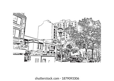 Der Blick auf das Gebäude mit Wahrzeichen von Calgary ist der
Stadt in Kanada. Handgezeichnete Skizzengrafik in Vektorgrafik.