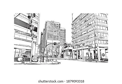 Building view with landmark of Calgary is the
city in Canada. Hand drawn sketch illustration in vector.