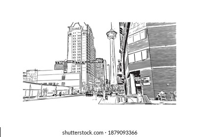 Building view with landmark of Calgary is the
city in Canada. Hand drawn sketch illustration in vector.