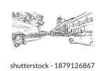 Building view with landmark of Cali is the
city in Colombia. Hand drawn sketch illustration in vector.