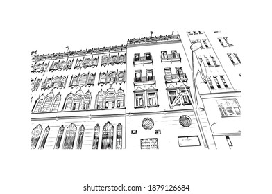 Building view with landmark of Cali is the
city in Colombia. Hand drawn sketch illustration in vector.