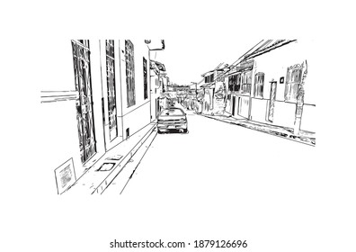 Building view with landmark of Cali is the
city in Colombia. Hand drawn sketch illustration in vector.