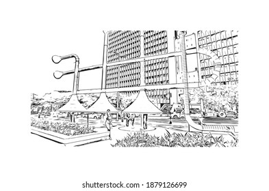 Building view with landmark of Cali is the
city in Colombia. Hand drawn sketch illustration in vector.