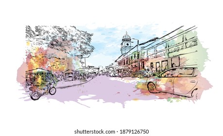Building view with landmark of Cali is the
city in Colombia. Watercolour splash with hand drawn sketch illustration in vector.