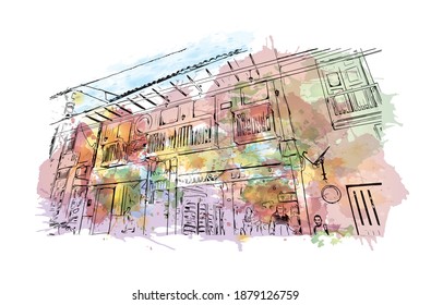 Building view with landmark of Cali is the
city in Colombia. Watercolour splash with hand drawn sketch illustration in vector.
