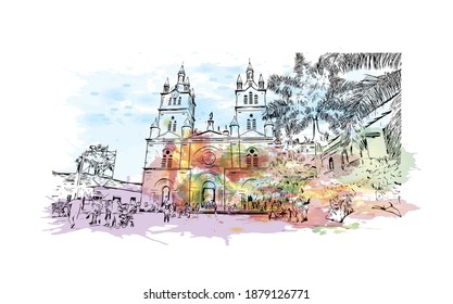 Building view with landmark of Cali is the
city in Colombia. Watercolour splash with hand drawn sketch illustration in vector.