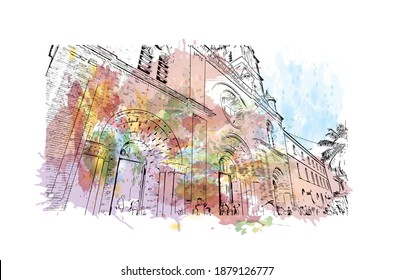 Building view with landmark of Cali is the
city in Colombia. Watercolour splash with hand drawn sketch illustration in vector.