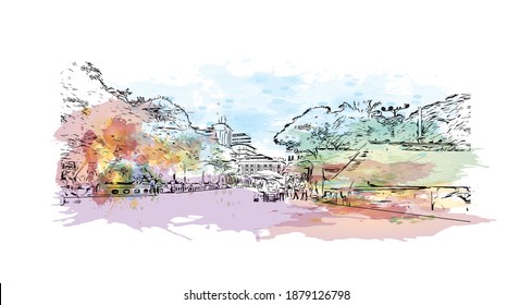Building view with landmark of Cali is the
city in Colombia. Watercolour splash with hand drawn sketch illustration in vector.