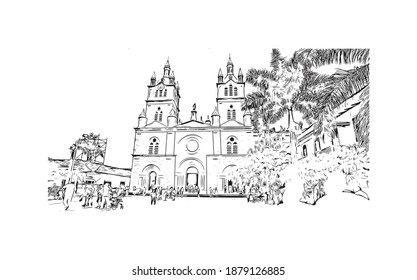 Building view with landmark of Cali is the
city in Colombia. Hand drawn sketch illustration in vector.