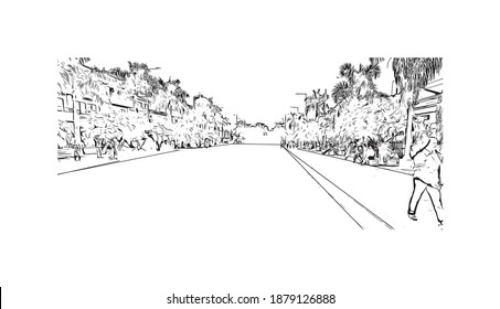 Building view with landmark of Cali is the
city in Colombia. Hand drawn sketch illustration in vector.