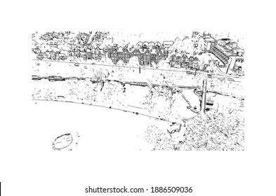 Building view with landmark of Cambridge is a city on the River Cam in eastern England. Hand drawn sketch illustration in vector.
