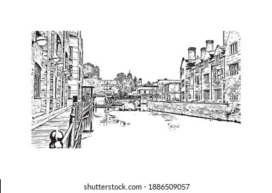 Building view with landmark of Cambridge is a city on the River Cam in eastern England. Hand drawn sketch illustration in vector.