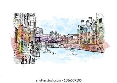 Building view with landmark of Cambridge is a city on the River Cam in eastern England. Watercolour splash with hand drawn sketch illustration in vector.