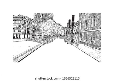 Building view with landmark of Cambridge is a city on the River Cam in eastern England. Hand drawn sketch illustration in vector.