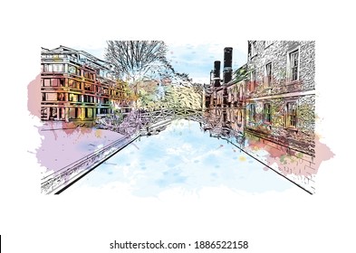 Building view with landmark of Cambridge is a city on the River Cam in eastern England. Watercolour splash with hand drawn sketch illustration in vector.