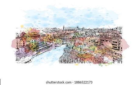 Building view with landmark of Cambridge is a city on the River Cam in eastern England. Watercolour splash with hand drawn sketch illustration in vector.