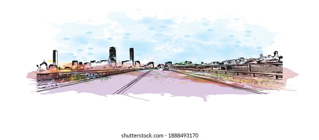 Building view with landmark of Cambridge is a city in Massachusetts. Watercolour splash with hand drawn sketch illustration in vector.