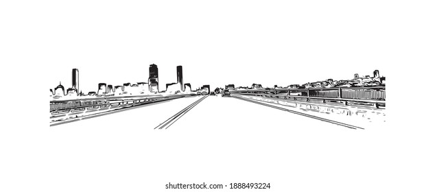 Building view with landmark of Cambridge is a city in Massachusetts. Hand drawn sketch illustration in vector.