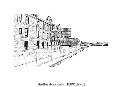 Building view with landmark of Cambridge is the
city in Canada. Hand drawn sketch illustration in vector.