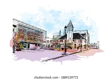 Building view with landmark of Cambridge is the
city in Canada. Watercolour splash with hand drawn sketch illustration in vector.