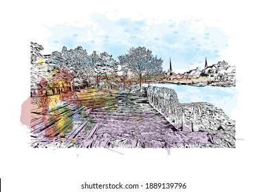 Building view with landmark of Cambridge is the
city in Canada. Watercolour splash with hand drawn sketch illustration in vector.