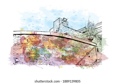 Building view with landmark of Cambridge is the
city in Canada. Watercolour splash with hand drawn sketch illustration in vector.