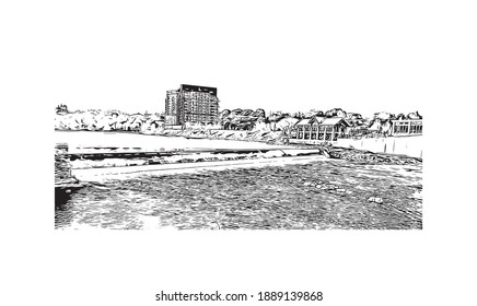 Building view with landmark of Cambridge is the
city in Canada. Hand drawn sketch illustration in vector.