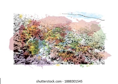 Building view with landmark of Campeche is the
city in Mexico. Watercolour splash with hand drawn sketch illustration in vector.