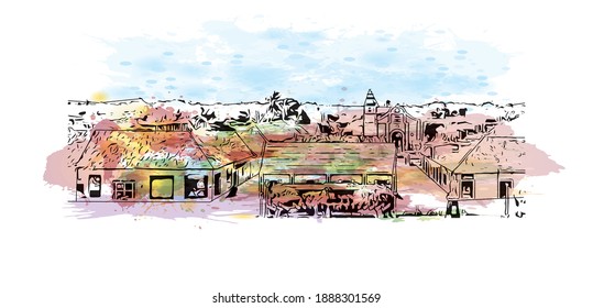 Building view with landmark of Campeche is the
city in Mexico. Watercolour splash with hand drawn sketch illustration in vector.