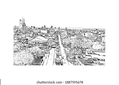 Building view with landmark of Campina Grande is the 
city in Brazil. Hand drawn sketch illustration in vector.